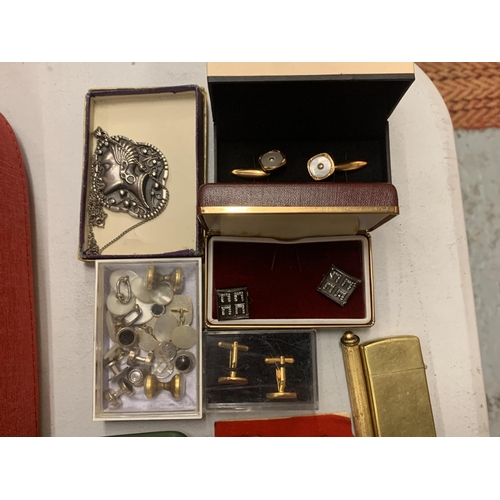 120 - AN ASSORTMENT OF TIE PINS AND CUFFLINKS TO ALSO INCLUDE A SMALL METAL AFTERSHAVE BOTTLE ETC