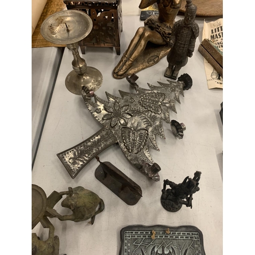 130 - A VARIETY OF METAL WARE TO INCLUDE CANDLE HOLDERS AND A SEATED BALLET DANCER