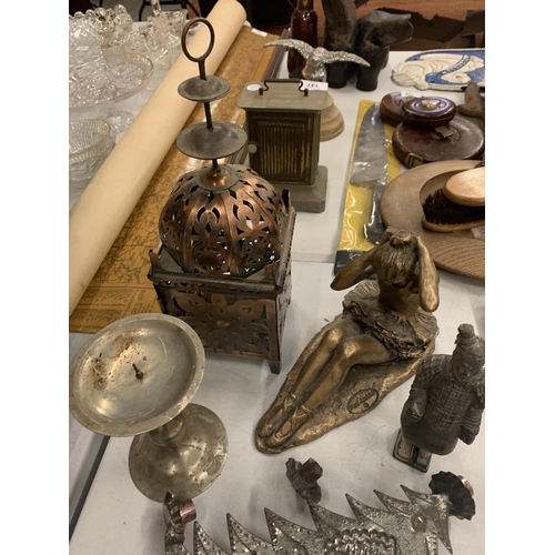 130 - A VARIETY OF METAL WARE TO INCLUDE CANDLE HOLDERS AND A SEATED BALLET DANCER