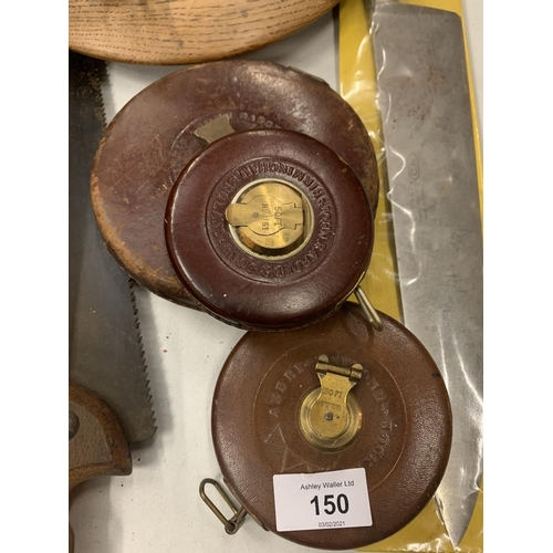 150 - A SELECTION OF VINTAGE TOOLS TO INCLUDE THREE LEATHER CASED TAPE MEASURES