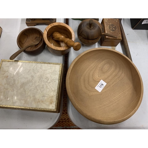 178 - AN ASSORTMENT OF TREEN TO INCLUDE A DESK GLOBE AND A JEWELLERY BOX