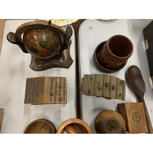 178 - AN ASSORTMENT OF TREEN TO INCLUDE A DESK GLOBE AND A JEWELLERY BOX