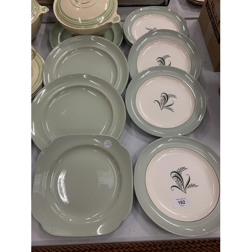 182 - A LARGE SELECTION OF GREEN TONED TABLE WARE TO INCLUDE NEWHALL 'NIRVANA' AND A BESWICK CELERY DISH E... 