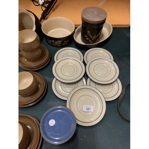 221 - A LARGE QUANTITY OF CERAMIC WARE TO INCLUDE DENBY STONE WARE TRIOS ETC