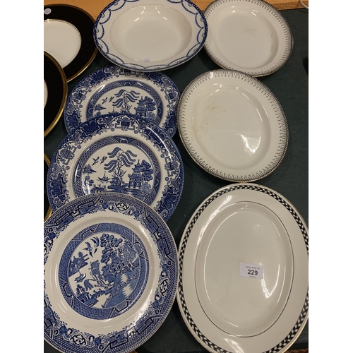 229 - A LARGE QUANTITY OF CERAMIC WARE TO INCLUDE THREE BLUE AND WHITE PLATES AND FIVE COALPORT PLATES ETC