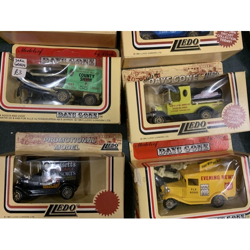 230 - TWELVE LLEDO DIE CAST BOXED MODEL VEHICLES TO INCLUDE A 'DR BARNARDOS' AND 'BASSETTS ALLSORTS' ETC