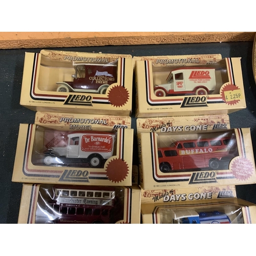 230 - TWELVE LLEDO DIE CAST BOXED MODEL VEHICLES TO INCLUDE A 'DR BARNARDOS' AND 'BASSETTS ALLSORTS' ETC