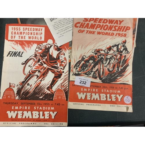 232 - AN ASSORTMENT OF SPEEDWAY CHAMPIONSHIP MAGAZINES AND A NORMAN WISDOM AUTOGRAPH ON A GOLF SCORE CARD