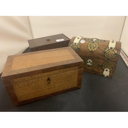 62 - THREE WOODEN BOXES ONE WITH BRASS DETAIL AND TWIN COMPARTMENT INNER (TWO WITH BASES A/F)