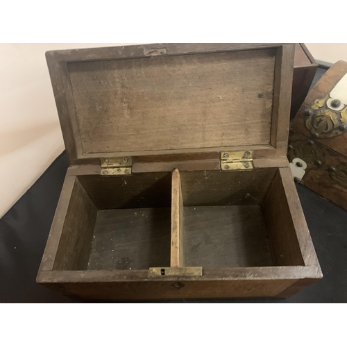 62 - THREE WOODEN BOXES ONE WITH BRASS DETAIL AND TWIN COMPARTMENT INNER (TWO WITH BASES A/F)