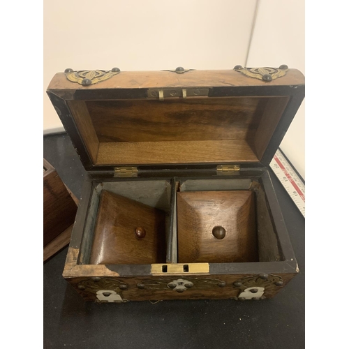 62 - THREE WOODEN BOXES ONE WITH BRASS DETAIL AND TWIN COMPARTMENT INNER (TWO WITH BASES A/F)