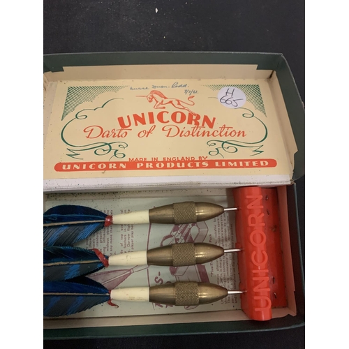 89 - TWO BOXES OF VINTAGE UNICORN DARTS TO ALSO INCLUDE A PAIR OF GONG STICKS