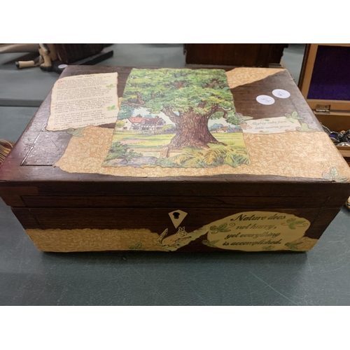 95 - A WOODEN DECOUPAGED BOX CONTAINING A SELECTION OF YELLOW JEWELLERY