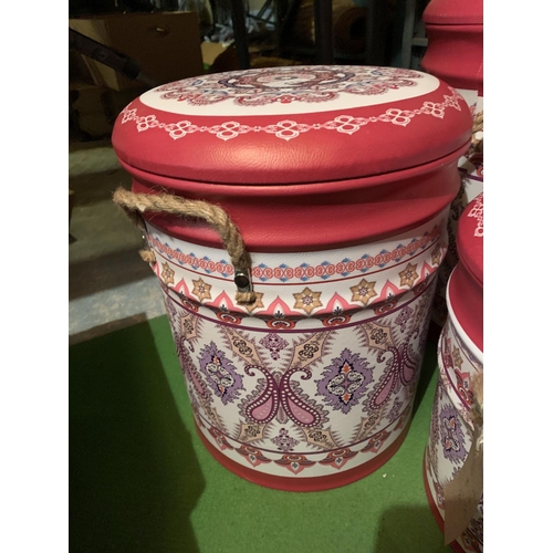 415 - A SET OF THREE GRADUATED PINK PAISLEY LEATHER EFFECT LIDDED STORAGE STOOLS