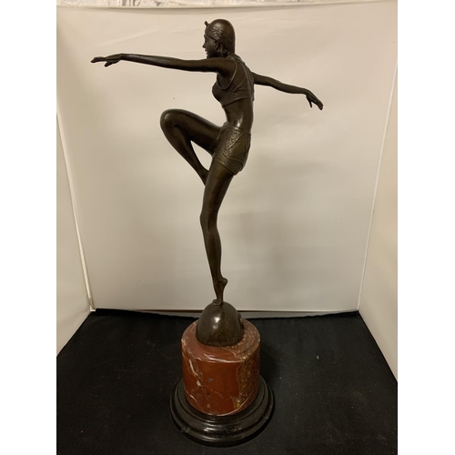 425 - AN ART DECO STYLE BRONZE LADY ON MARBLE AND ALABASTER BASE SIGNED J PHILIPP – HEIGHT 50CM