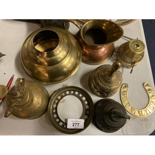 277 - A LARGE QUANTITY OF SILVER PLATE AND BRASS TO INCLUDE TRAYS, CANDLEABRA, HORSESHOE, BELLS ETC