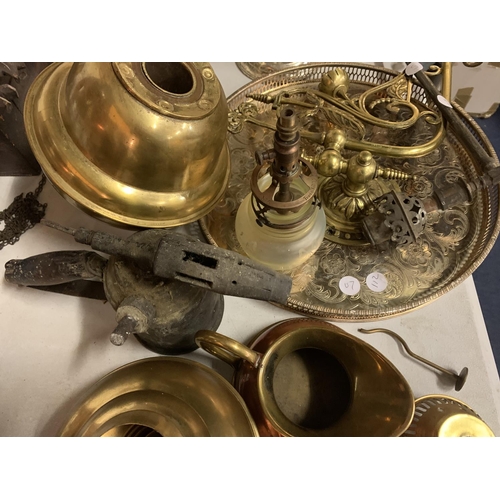 277 - A LARGE QUANTITY OF SILVER PLATE AND BRASS TO INCLUDE TRAYS, CANDLEABRA, HORSESHOE, BELLS ETC