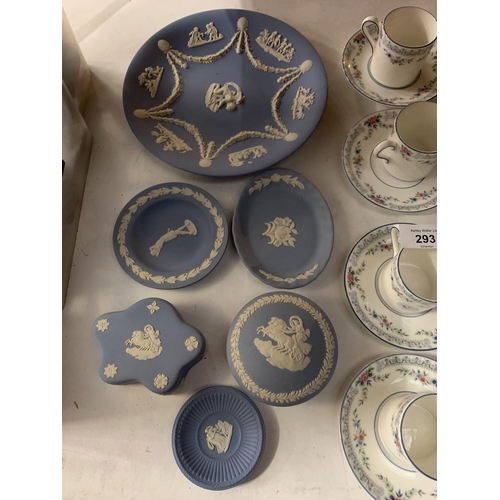 293 - VARIOUS ITEMS OF WEDGEWOOD TO INCLUDE CUPS AND SAUCERS AND BLUE JASPERWARE