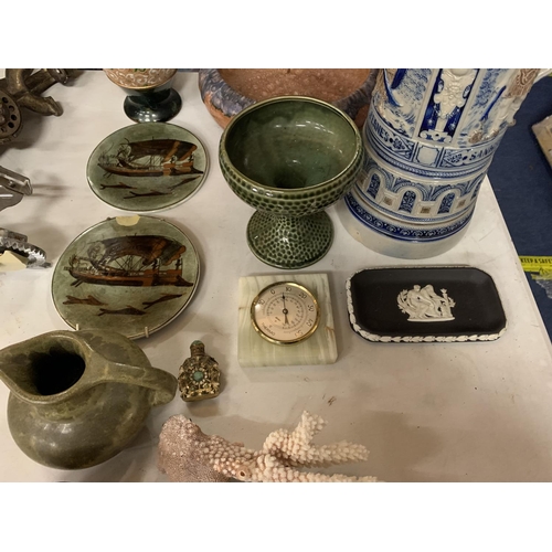 297 - VARIOUS ITEMS TO INCLUDE A LARGE LIDDED STEIN, JUGS, CORAL ETC