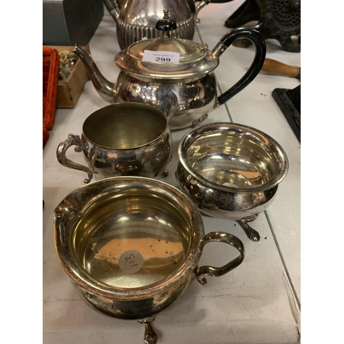 299 - SEVEN ITEMS OF SILVER PLATE TO INCLUDE COFFEE AND TEA POTS