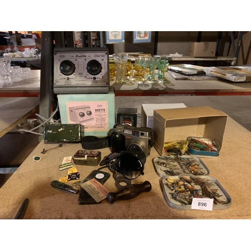 896 - VARIOUS ITEMS TO INCLUDE FLY FISHING BAIT, CAMERAS, PENKNIFE ETC