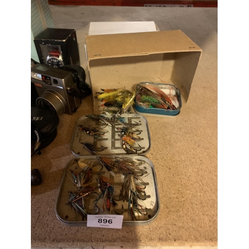 896 - VARIOUS ITEMS TO INCLUDE FLY FISHING BAIT, CAMERAS, PENKNIFE ETC