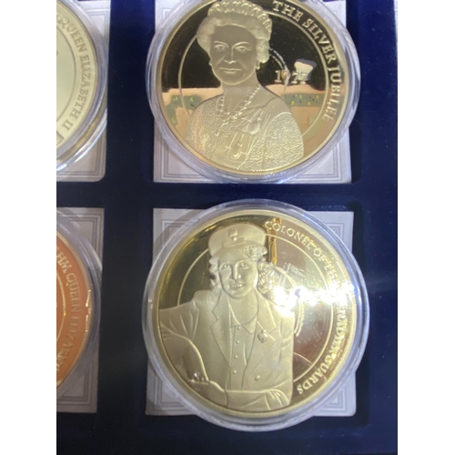 311 - A COLLECTION OF ROYAL COMMEMORATIVE  , GOLD PLATED MEDALLIONS “PORTRAITS OF THE QUEEN” , SET OF 6 , ... 