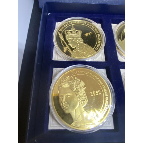 311 - A COLLECTION OF ROYAL COMMEMORATIVE  , GOLD PLATED MEDALLIONS “PORTRAITS OF THE QUEEN” , SET OF 6 , ... 