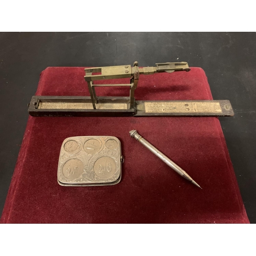 653 - A PAIR OF BOXED VINTAGE SOVEREIGN SCALES, A WHITE METAL COIN BOX AND A STERLING SILVER RETRACTABLE P... 