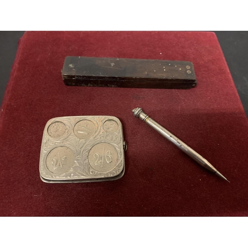 653 - A PAIR OF BOXED VINTAGE SOVEREIGN SCALES, A WHITE METAL COIN BOX AND A STERLING SILVER RETRACTABLE P... 