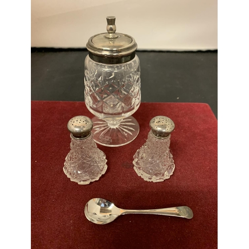 654 - A CUT GLASS CRUET WITH HALL MARKED SILVER TOPS AND A FURTHER MUSTARD POT