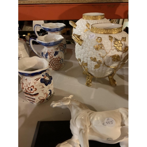 948 - THREE IRONSTONE JUGS, A PAIR OF TWIN HANDLED GOLD DETAIL VASES AND SEVERAL HORSE ORNAMENTS