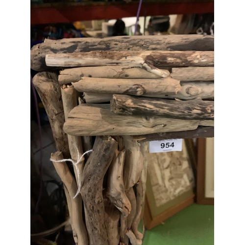 954 - A DRIFTWOOD FRAMED RECTANGULAR MIRROR (HEIGHT APPROXIMATELY 110CM)