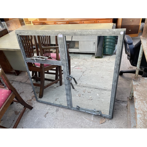 2389A - A VINTAGE STYLE GALVANISED WINDOW FRAME WITH THREE MIRRORED PANELS