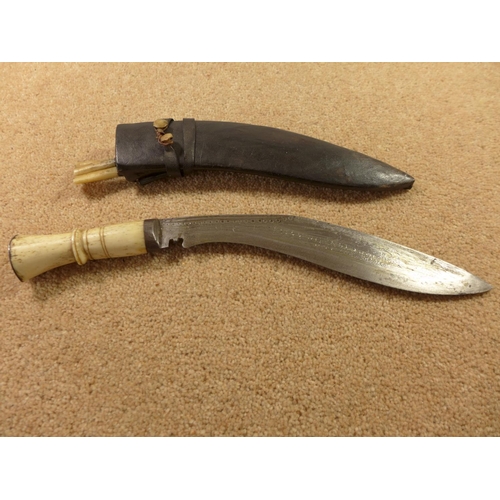 312 - A BONE HANDLED KUKRI KNIFE, 23CM BLADE, WITH SCABBARD AND KARDA KNIVES