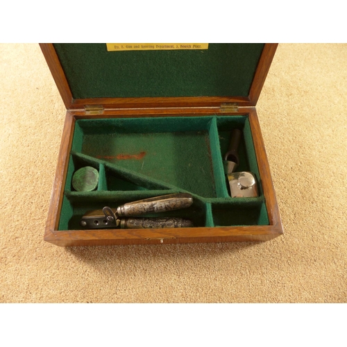 324A - AN OAK CASE FITTED OUT FOR A PISTOL, ALSO BULLET MOULD, OIL BOTTLE ETC