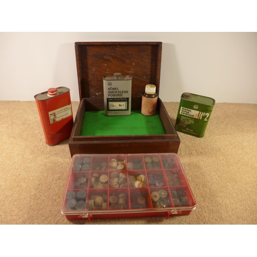 337 - AN OAK BOX SUITABLE FOR A PISTOL, THREE EMPTY POWDER TINS ETC