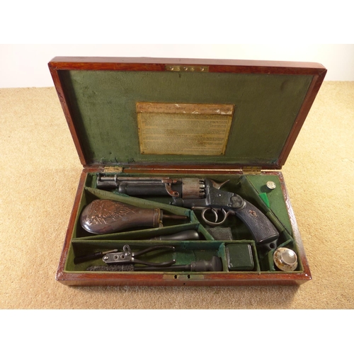 345 - A CASED DENIX REPLICA NONFIRING LE-MAT U.S. CIVIL WAR PISTOL, THE CASE WITH BULLET MOULD, POWDER FLA... 