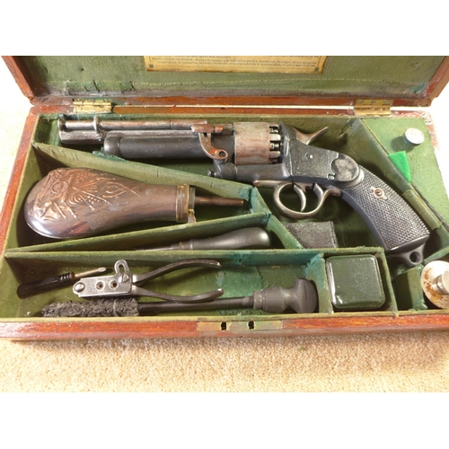 345 - A CASED DENIX REPLICA NONFIRING LE-MAT U.S. CIVIL WAR PISTOL, THE CASE WITH BULLET MOULD, POWDER FLA... 