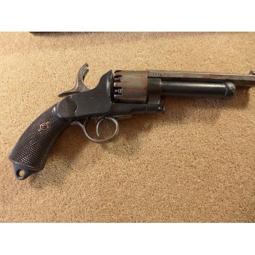 345 - A CASED DENIX REPLICA NONFIRING LE-MAT U.S. CIVIL WAR PISTOL, THE CASE WITH BULLET MOULD, POWDER FLA... 