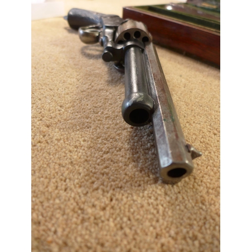 345 - A CASED DENIX REPLICA NONFIRING LE-MAT U.S. CIVIL WAR PISTOL, THE CASE WITH BULLET MOULD, POWDER FLA... 