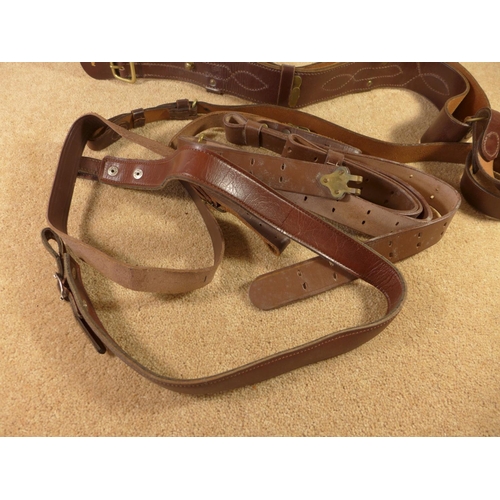 353 - A BROWN LEATHER CARTRIDGE BELT, SAM BROWNE BELT ETC