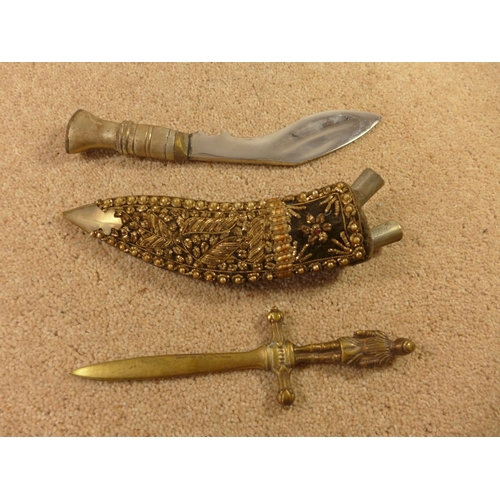 363 - A KUKRI KNIFE, 14CM BLADE, SCABBARD AND A BRASS KNIFE (2)