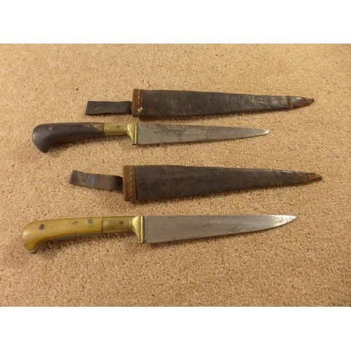 378 - TWO LATE 19TH CENTURY PESH-KABZ KNIVES, 13.5CM BLADES, HORN GRIPS AND LEATHER SCABBARD