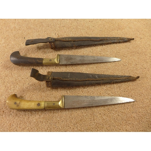 378 - TWO LATE 19TH CENTURY PESH-KABZ KNIVES, 13.5CM BLADES, HORN GRIPS AND LEATHER SCABBARD