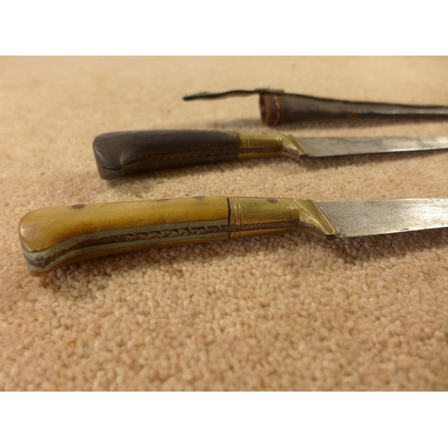 378 - TWO LATE 19TH CENTURY PESH-KABZ KNIVES, 13.5CM BLADES, HORN GRIPS AND LEATHER SCABBARD