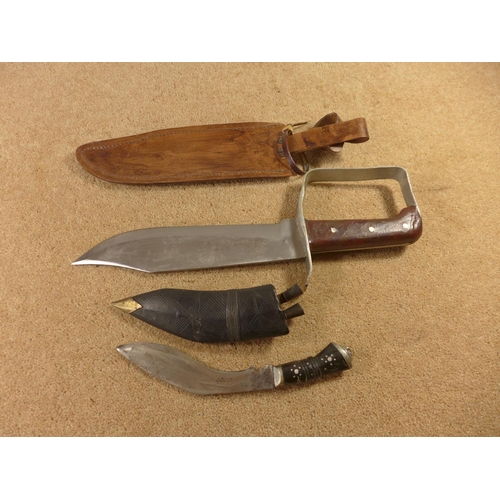 381 - A LARGE BOWIE FIGHTING KNIFE, 25CM BLADE, LEATHER SCABBARD, KUKRI KNIFE (2)