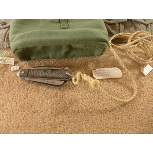 395 - A COLLECTION OF BRITISH WORLD WAR II AND LATER WEBBING, MESS TINS, NATO FORCES PENKNIFE ETC