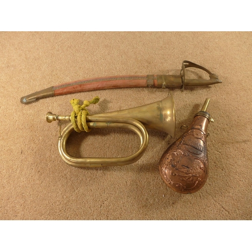 397 - A BRASS BUGLE, COPPER POWDERFLASK AND AN INDIAN KNIFE (3)