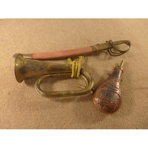 397 - A BRASS BUGLE, COPPER POWDERFLASK AND AN INDIAN KNIFE (3)